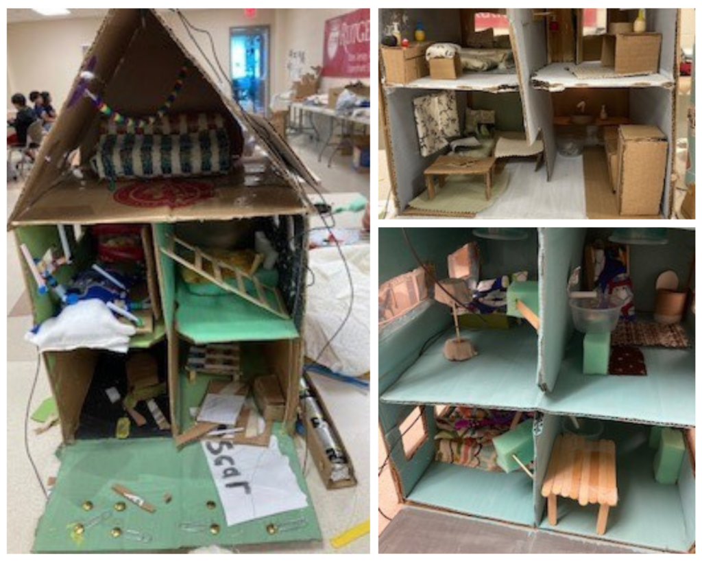 model houses built of cardboard with small furniture made of scraps of fabric, popsicles and cardboard. 
